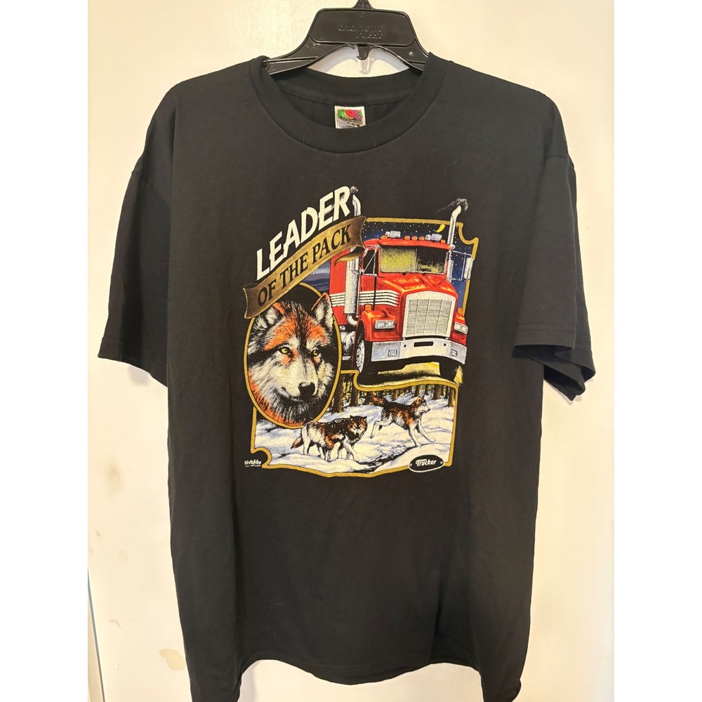 Vintage Fruit of the Loom Best Leader of the Pack Trucker Wolf Graphic Tee XL